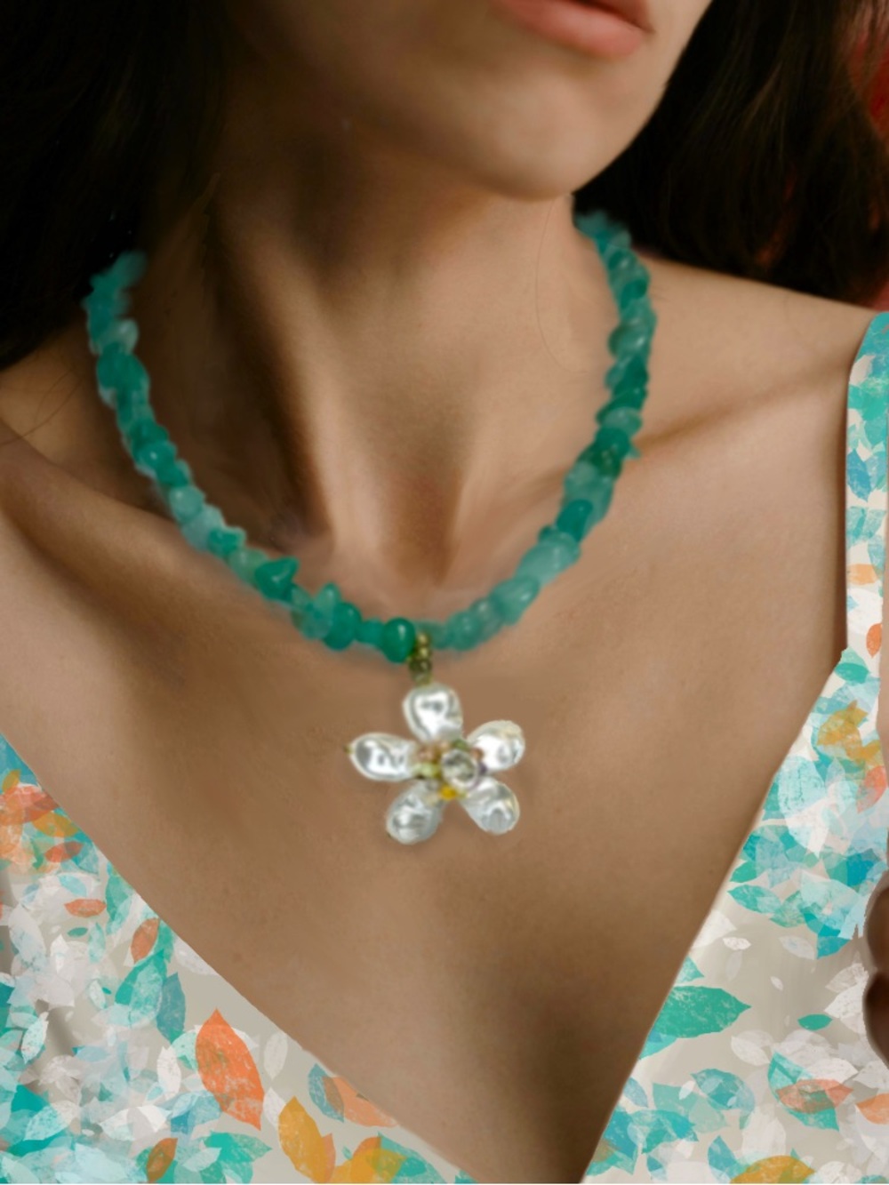 Green Natural Stone Statement Necklace w Candy Color Natural Stone Pearl Charm